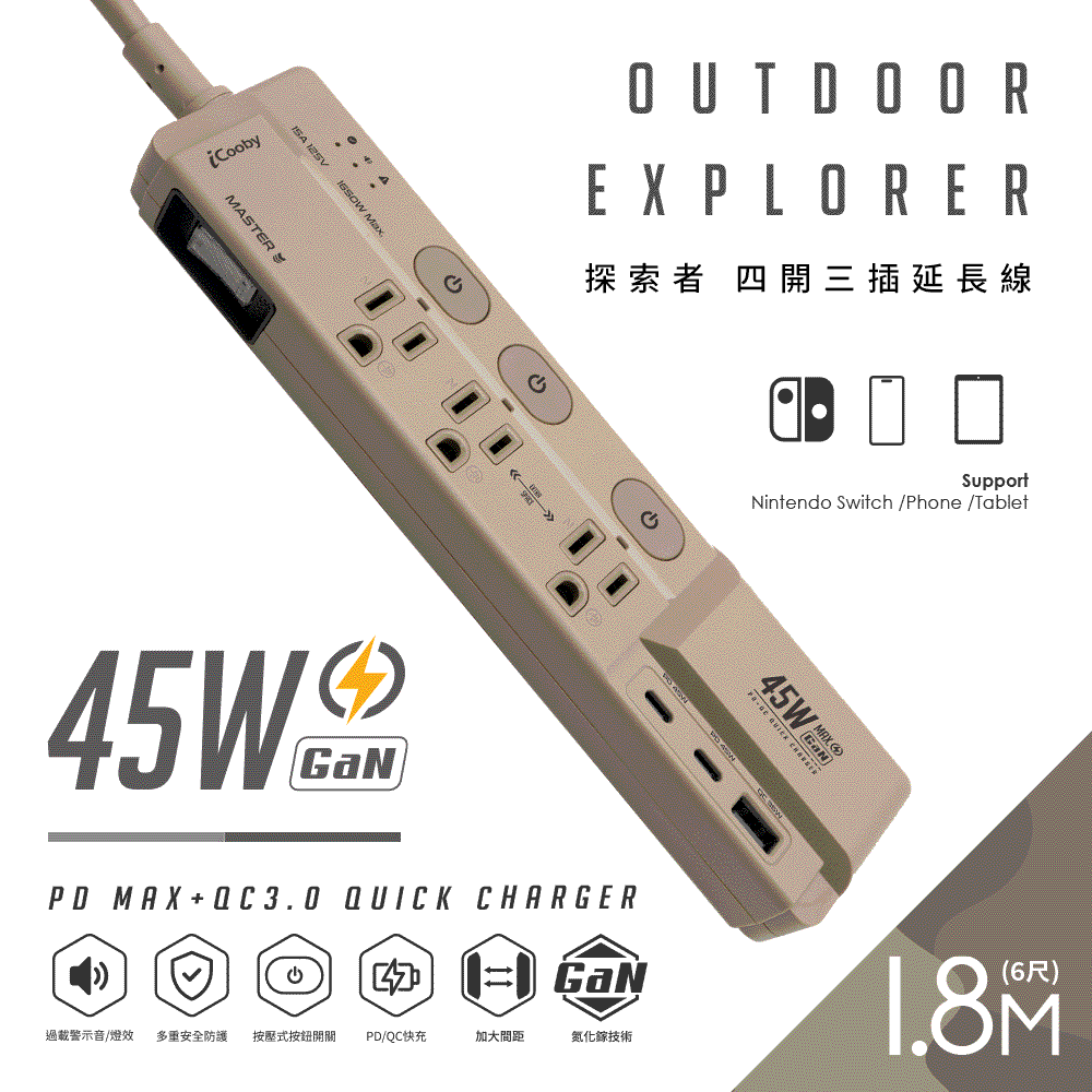 GX2 氮化鎵 45W 四開三插延長線 1A2C 1.8M